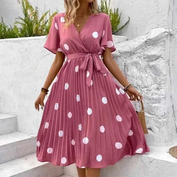 Women's Polka Dot Print Pleated HemBelted Dress - Picture 1 of 5